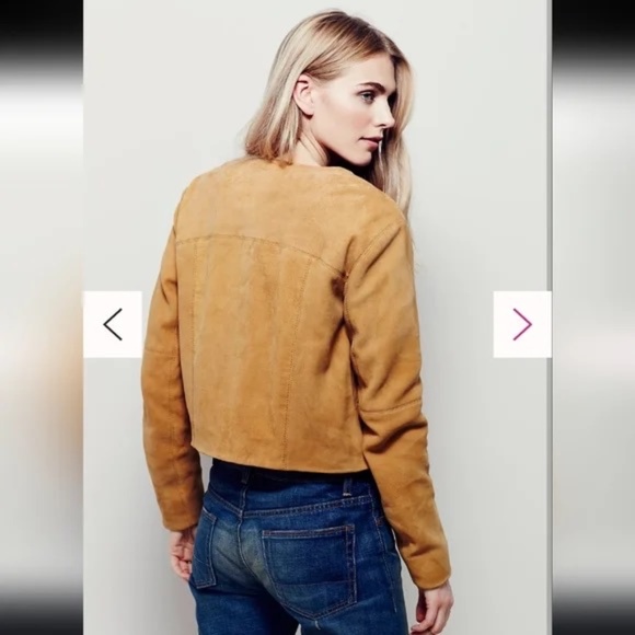 Free People Collarless Saddle Stitch Suede Leather Jacket Camel L - Picture 2 of 8